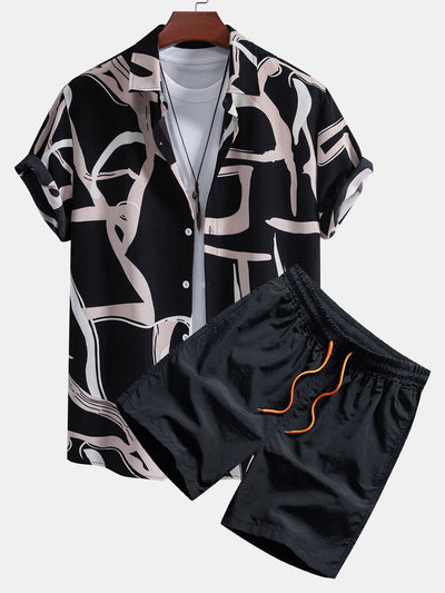 Afif® | Abstract Print Button Up Shirt & Swim Shorts