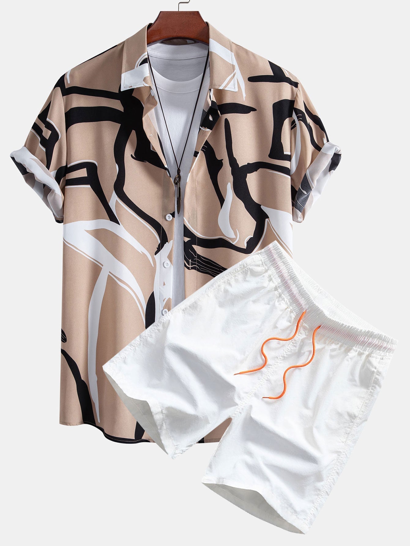 Afif® | Abstract Print Button Up Shirt & Swim Shorts