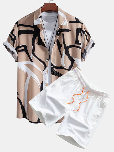 Afif® | Abstract Print Button Up Shirt & Swim Shorts