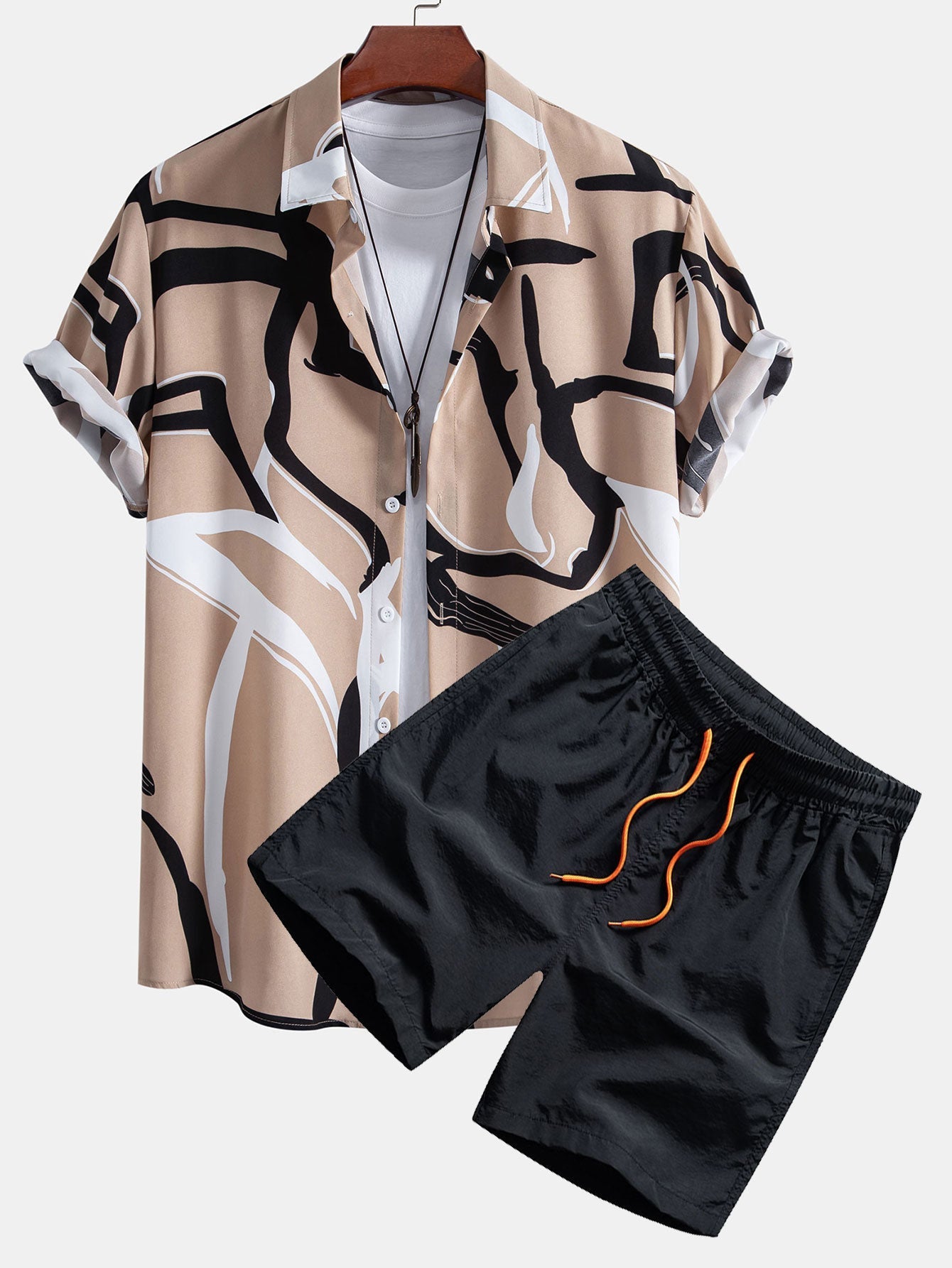 Afif® | Abstract Print Button Up Shirt & Swim Shorts