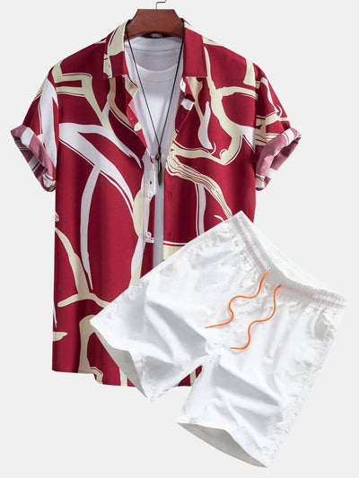 Afif® | Abstract Print Button Up Shirt & Swim Shorts