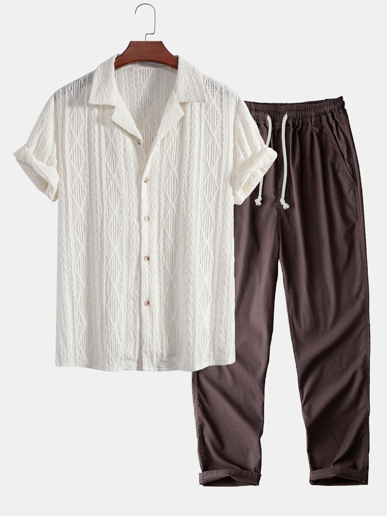 Cameron® | Geometric Jacquard Eyelet Cuban Shirt & Straight Leg Linen Pants