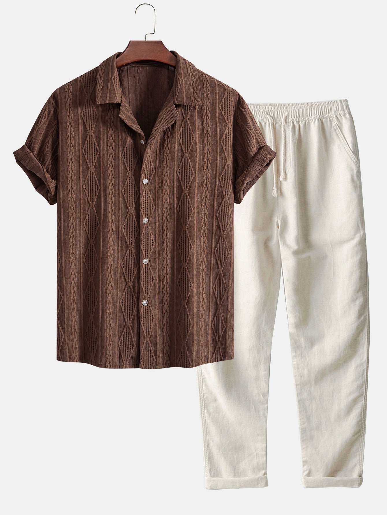 Cameron® | Geometric Jacquard Eyelet Cuban Shirt & Straight Leg Linen Pants