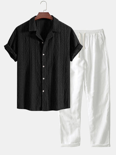 Hugh® | Geometric Jacquard Cuban Shirt & Straight Linen Pants