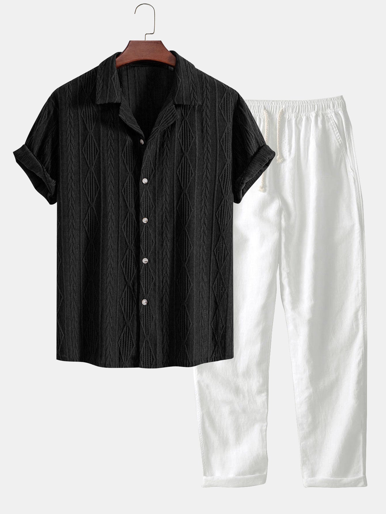 Rafael® | Geometric Jacquard Eyelet Cuban Shirt & Straight Leg Linen Pants