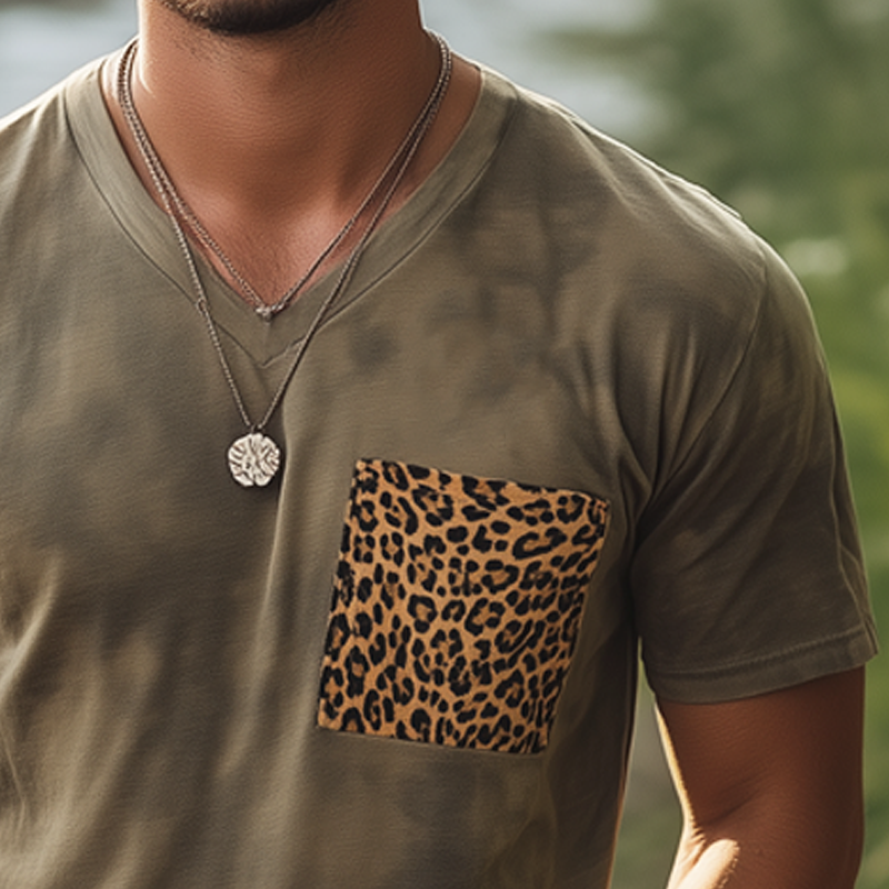 Fred | Men'S Retro V-Neck Leopard Print Pocket Stitching Short Sleeve T-Shirt