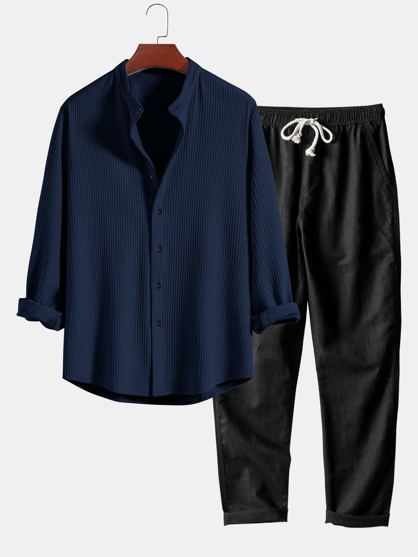 Donny® | Muscle Fit Ribbed Long Sleeved Shirt With Mandarin Collar & Straight Leg Linen Trousers