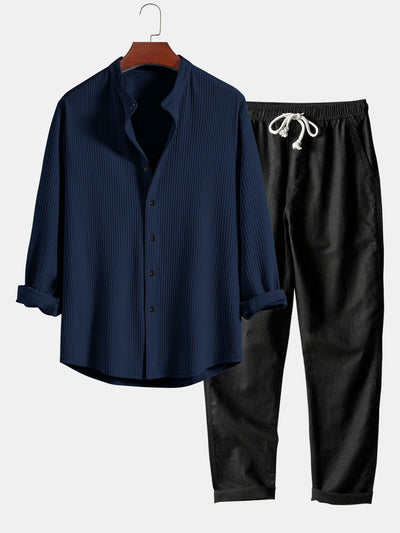 Joris® | Ribbed Muscle Fit Long Sleeve Shirt With Mandar Collar & Straight Leg Linen Trousers