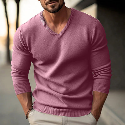 Men's solid color V-neck long-sleevednitted pllover sweater