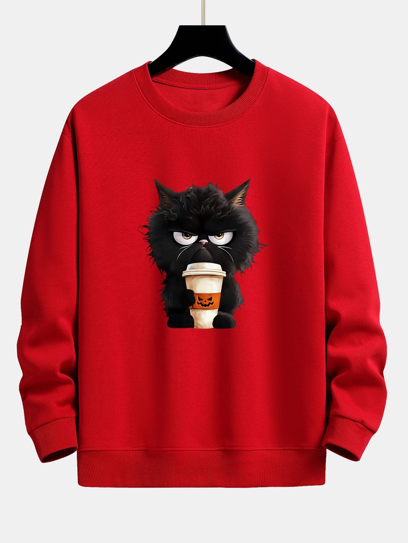 Camilo® | Black Cat Halloween Coffee Print Relax Fit Sweatshirt