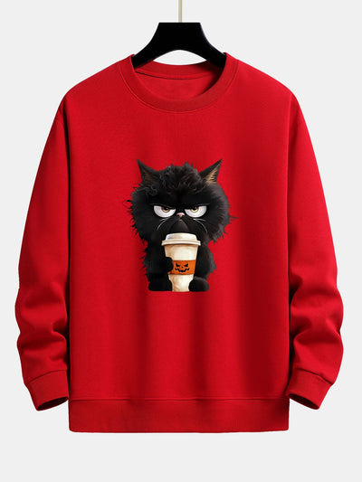 Camilo® | Black Cat Halloween Coffee Print Relax Fit Sweatshirt