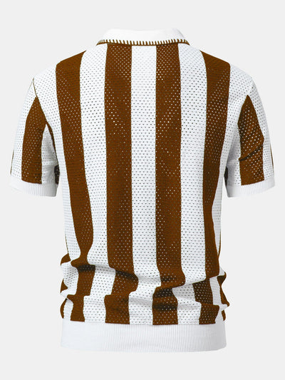 Dylan | Striped Eyelet Knit Zip Up Polo Shirt