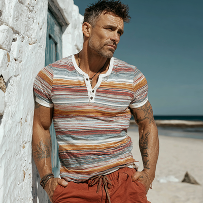 Hector | Men'S Stripe Print Short Sleeve Henley Neck T-Shirt