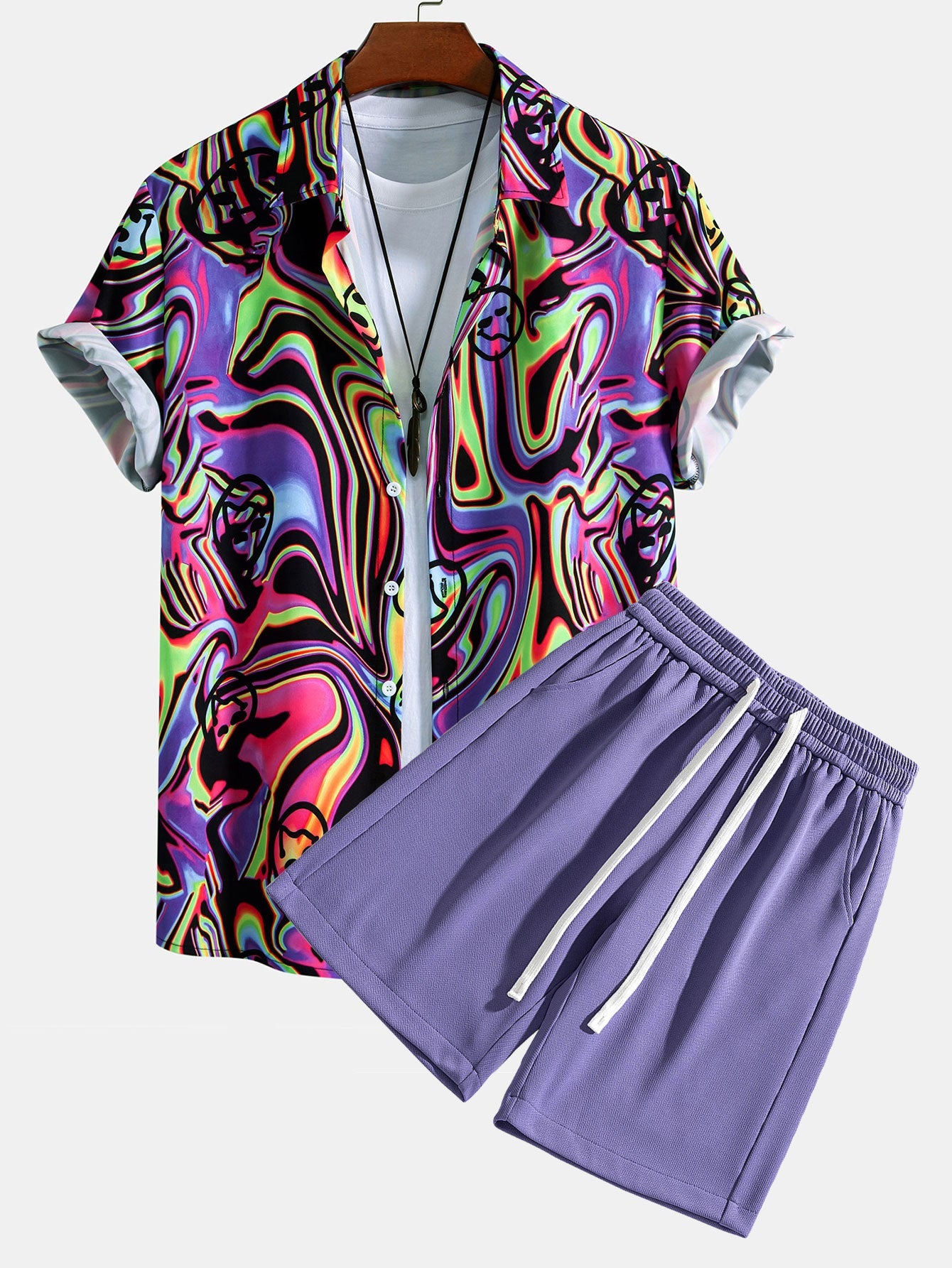 Kendrick® | Colorful Fluid Smiley Print Button Up Shirt & Shorts