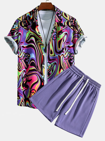 Kendrick® | Colorful Fluid Smiley Print Button Up Shirt & Shorts