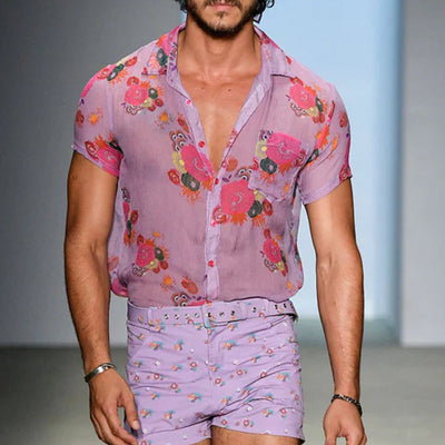 Men's Retro Casalesh Printed Floral Lapel Short Sleeve Shirt