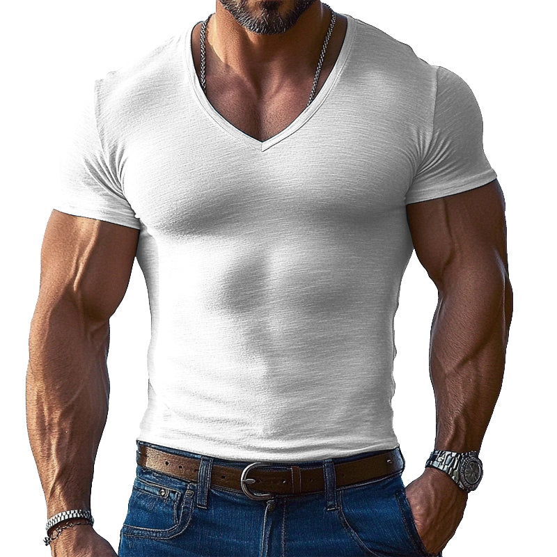 Men's Solid Color V-neck Short-sleeved T-shirt