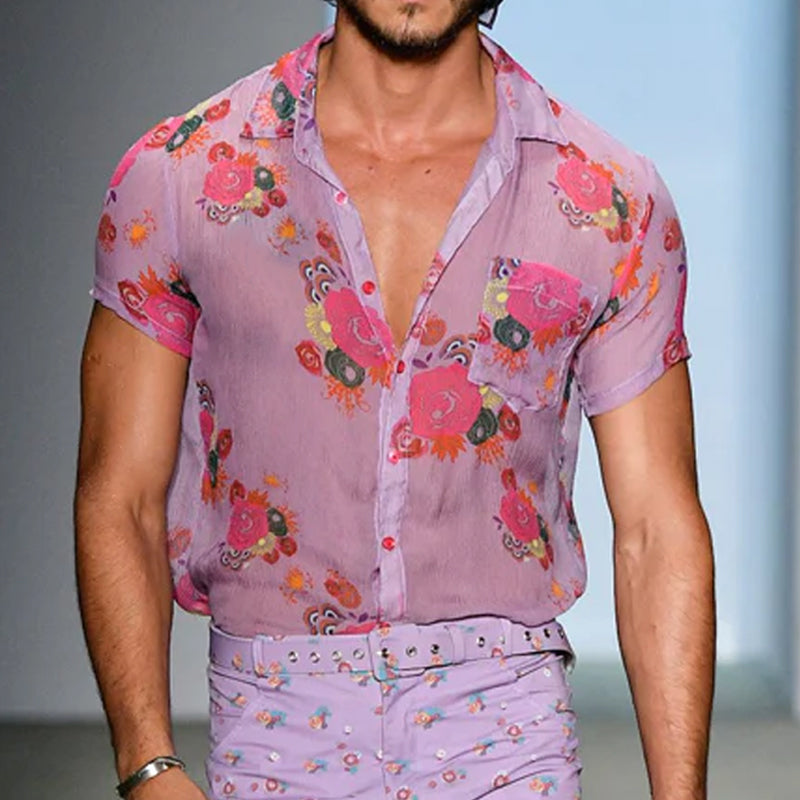 Men's Retro Casalesh Printed Floral Lapel Short Sleeve Shirt