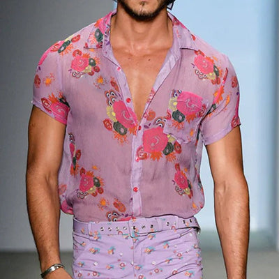 Men's Retro Casalesh Printed Floral Lapel Short Sleeve Shirt