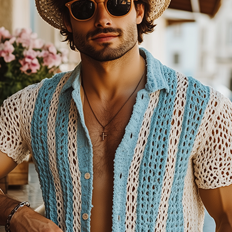 Melvin | Men'S Summer Fashion Casual Knitted Hollow Vertical Striped Short-Sleeved Shirt