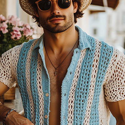 Melvin | Men'S Summer Fashion Casual Knitted Hollow Vertical Striped Short-Sleeved Shirt