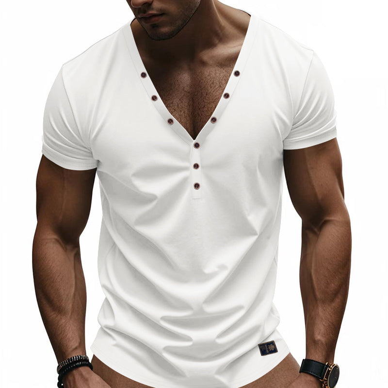 Men's Solid Color Cotn V-Neck Short Sleeve T-ShirtX