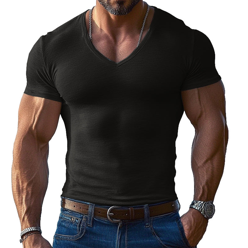 Men's Solid Color V-neck Short-sleeved T-shirt