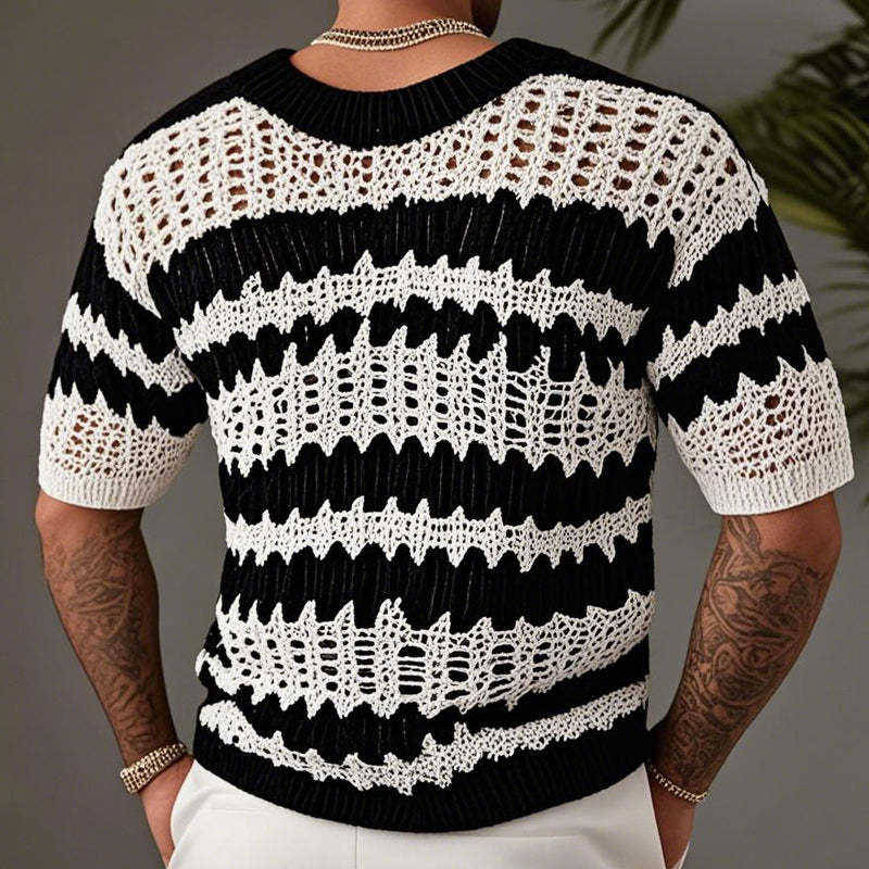 Men'snitted Contrast Color V-neck Short-sleeved Sweater T-Shirt