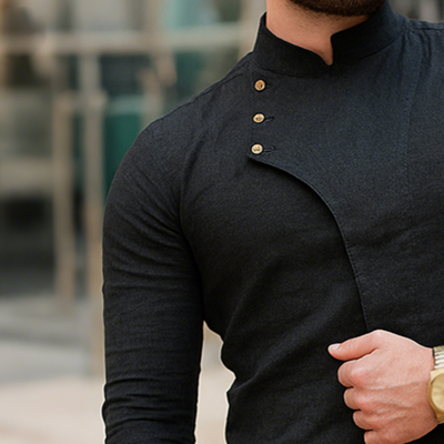 Adam | Men'S Retro Casual Solid Color Cotton And Linen Stand Collar Long Sleeve Shirt