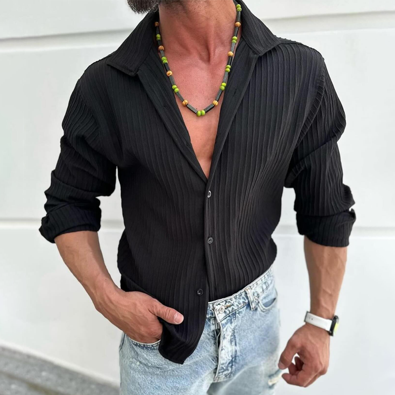 Men's Solid Striped Lapel Long Sleeve Casal Shirt