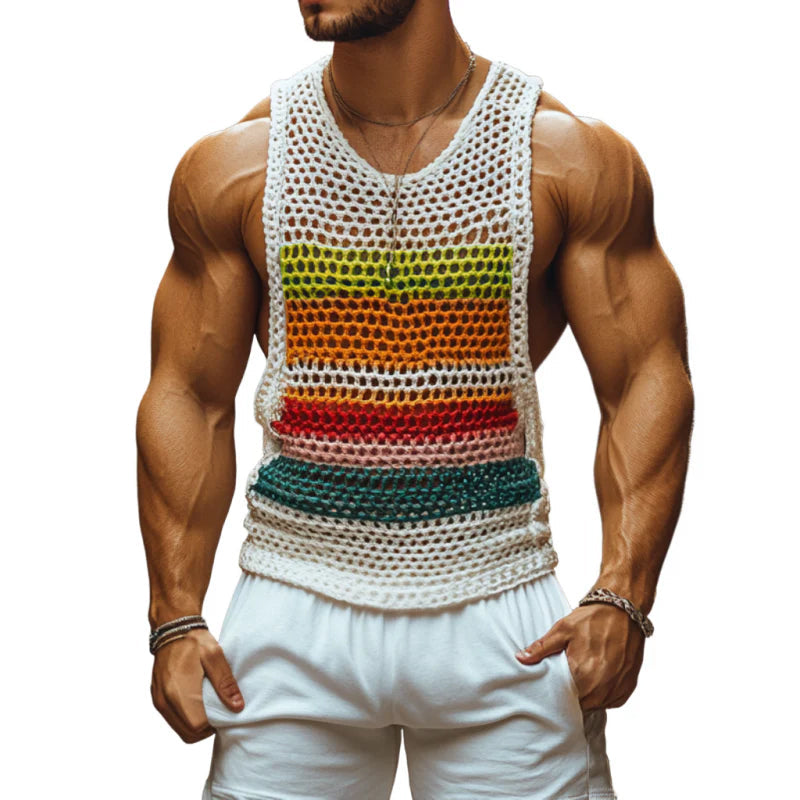 Men's Casal Rond Neck Color Striped Crochet Tank p