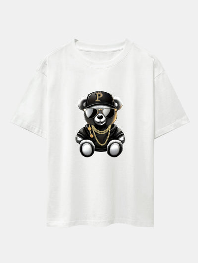 Erasmo® | Hip Hop Bear Print Drop Shoulder Oversize T-Shirt & Drawstring Corduroy Shorts