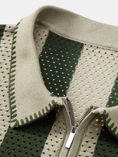 Dylan | Striped Eyelet Knit Zip Up Polo Shirt