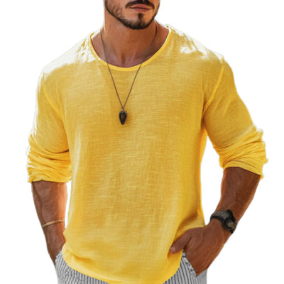 Men's Casal Cotn Linen Rond Neck Loose Long Sleeve T-ShirtM