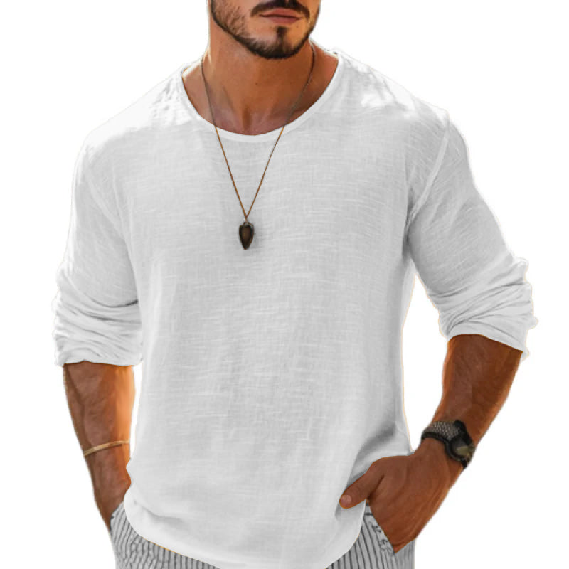 Men's Casal Cotn Linen Rond Neck Loose Long Sleeve T-ShirtM