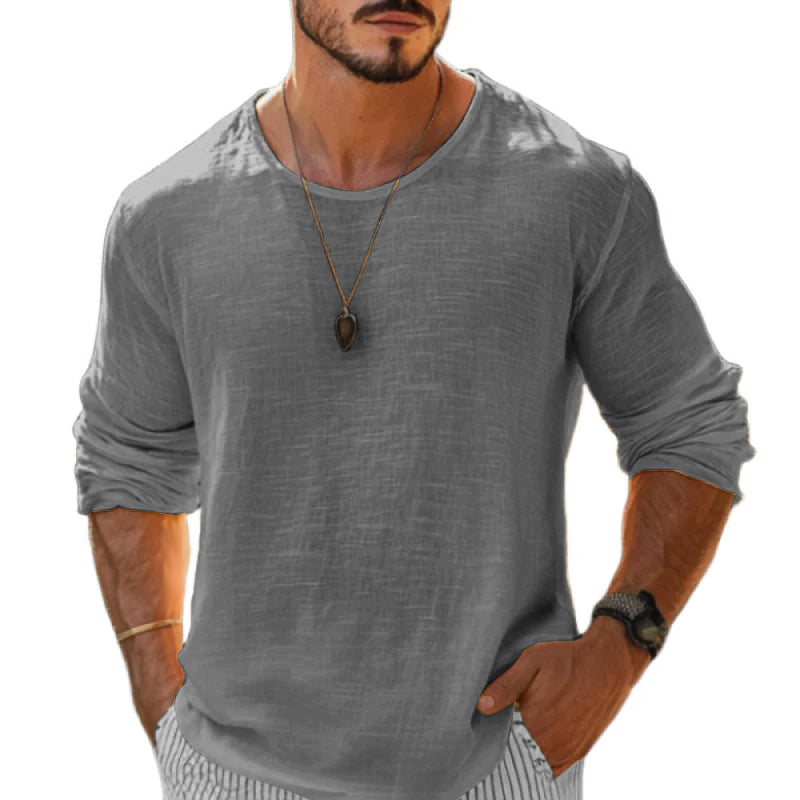 Men's Casal Cotn Linen Rond Neck Loose Long Sleeve T-ShirtM