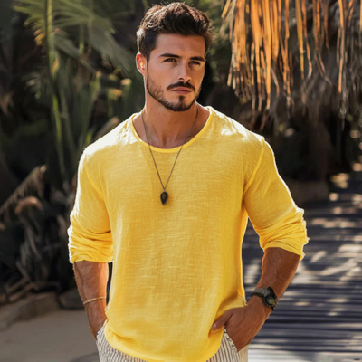 Men's Casal Cotn Linen Rond Neck Loose Long Sleeve T-ShirtM