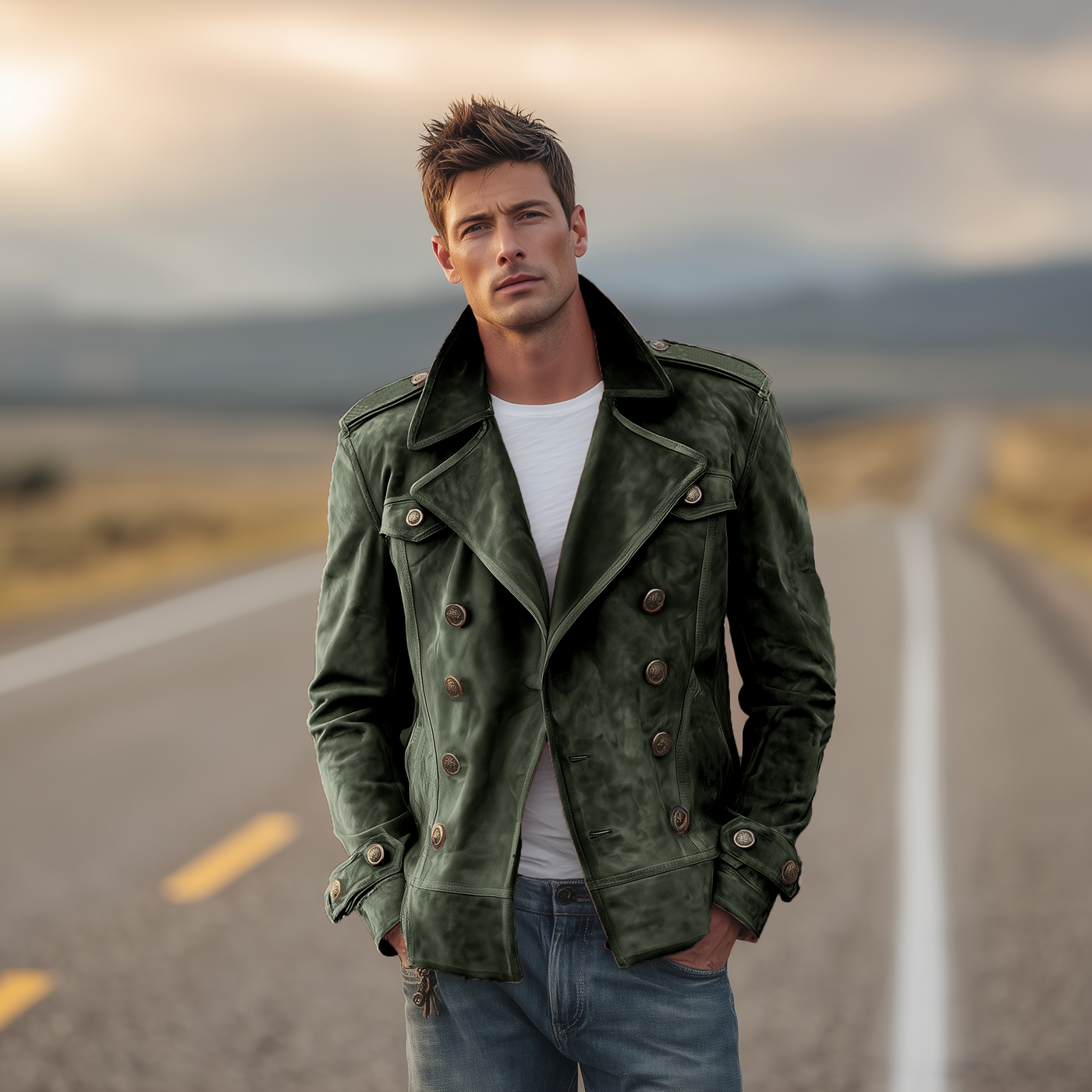 Men's Classic Retro Western Style Lapel Suede Epaulette Double-breasted Jacket