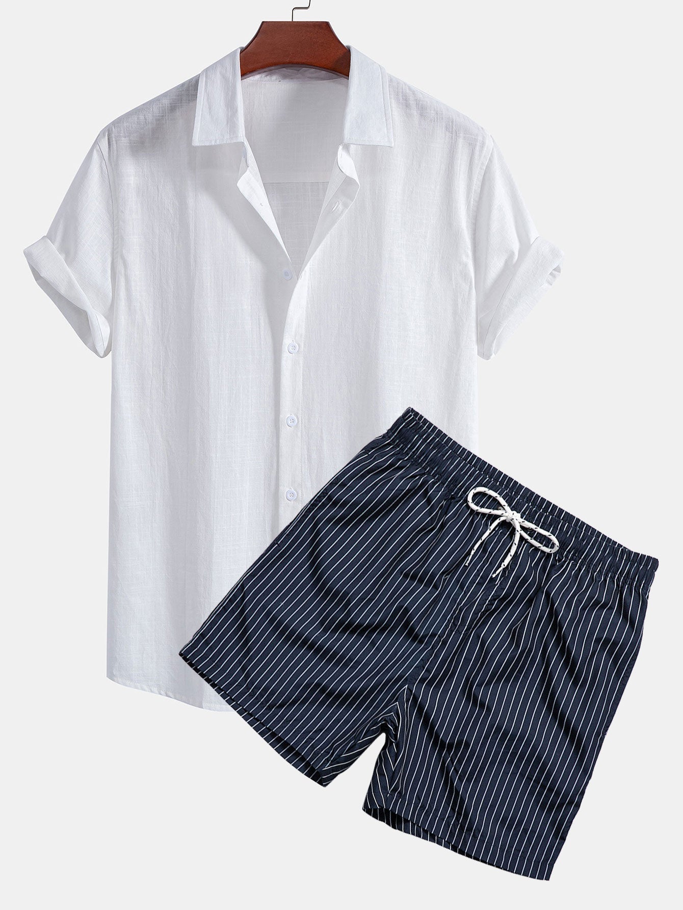 Fergus® | Linen Look Cotton Button Up Shirt & Striped Print Swim Shorts