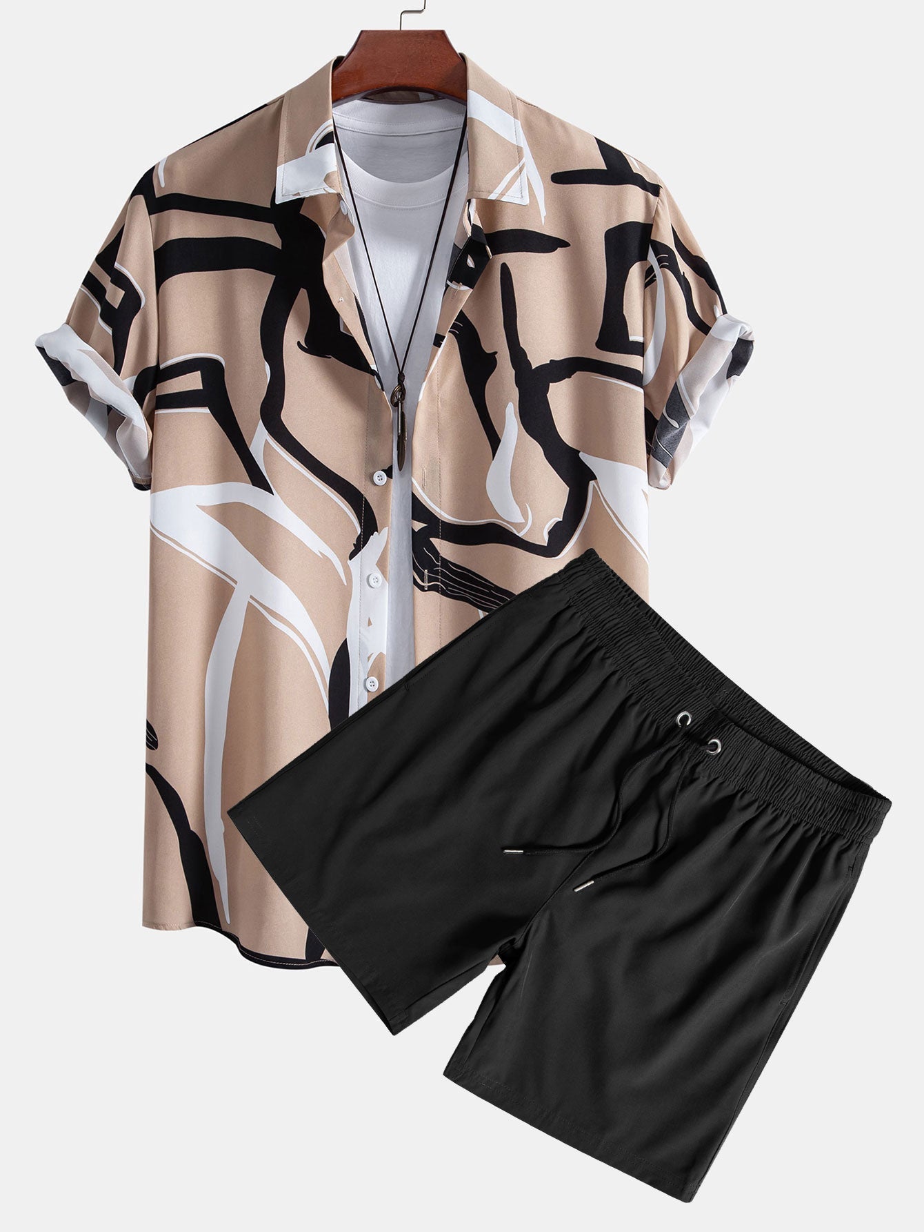 Afan® | Abstract Print Button Up Shirt & Solid Drawstring Swim Shorts