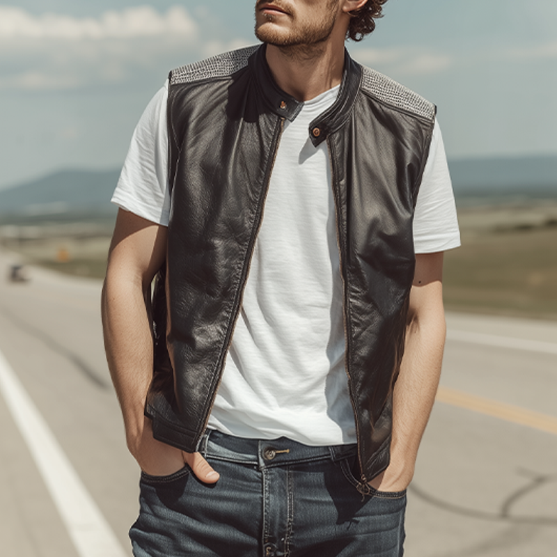 Daryl | Men'S Spring And Summer Fashion Casual Shoulder Splicing Mesh Fabric Stand Collar Zipper Leather Vest
