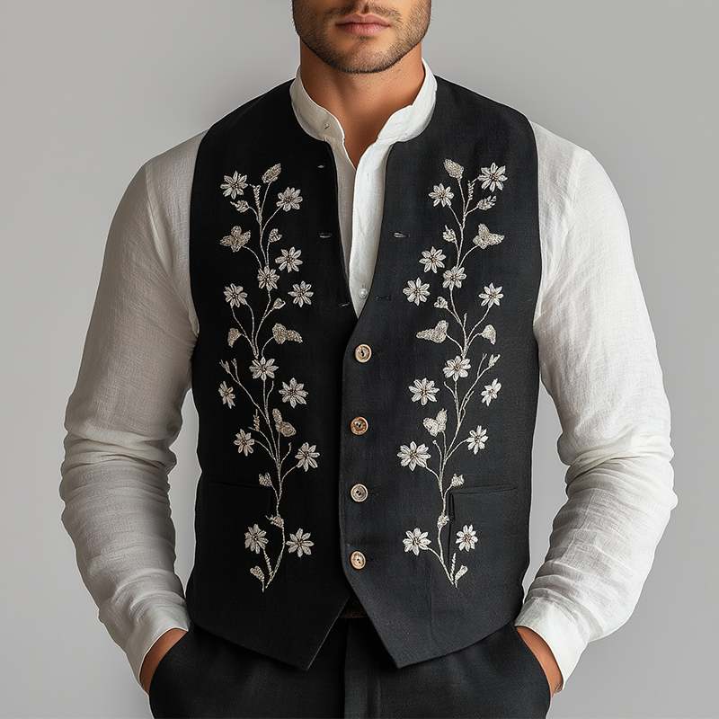 Philip | Men'S Summer Fashion Cotton And Linen Embroidered Suit Vest