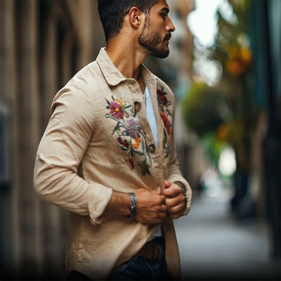Men's Casal Linen Embroidered Lapel Loose Long Sleeve Shirt