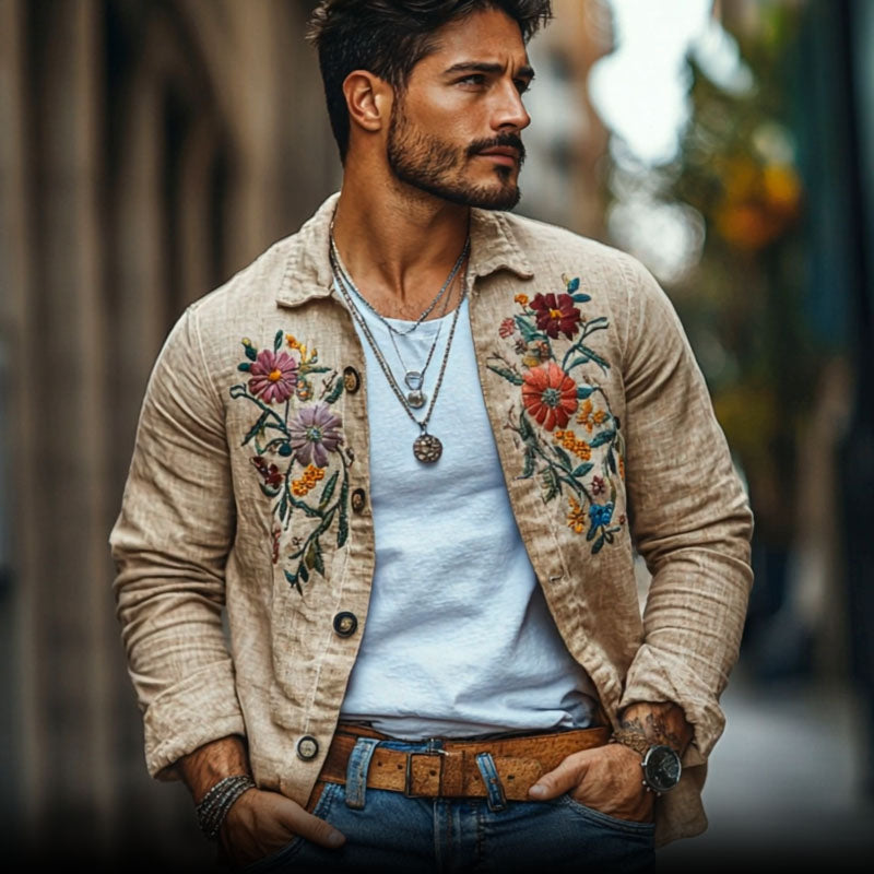 Men's Casal Linen Embroidered Lapel Loose Long Sleeve Shirt