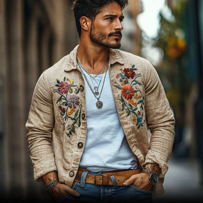 Men's Casal Linen Embroidered Lapel Loose Long Sleeve Shirt