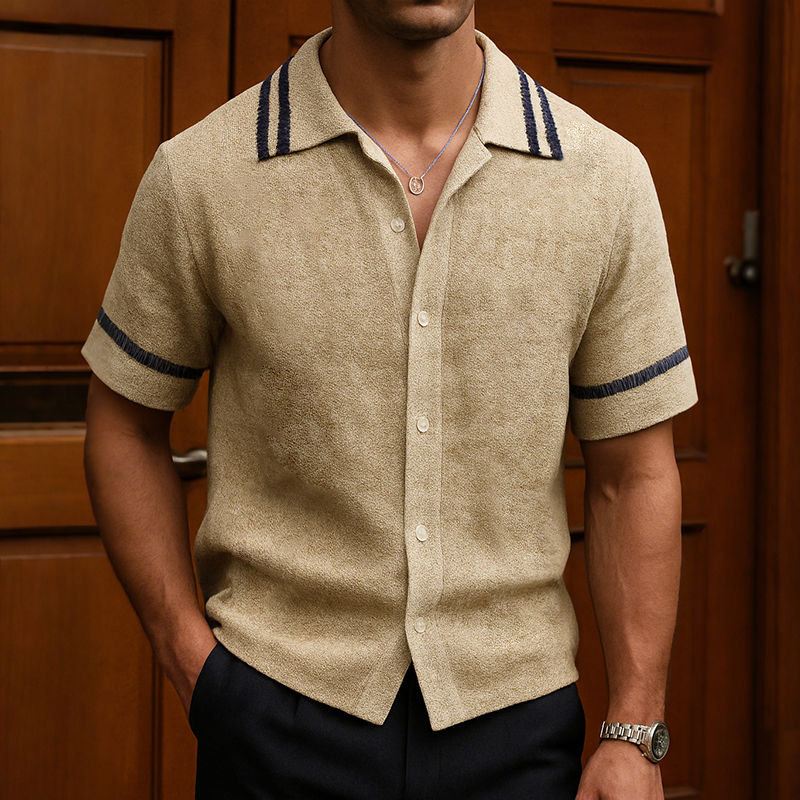 Alfred | Men'S Retro Casual Suede Striped Print Lapel Short Sleeve Shirt