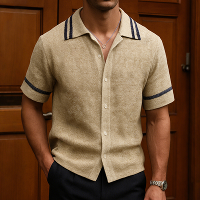 Alfred | Men'S Retro Casual Suede Striped Print Lapel Short Sleeve Shirt