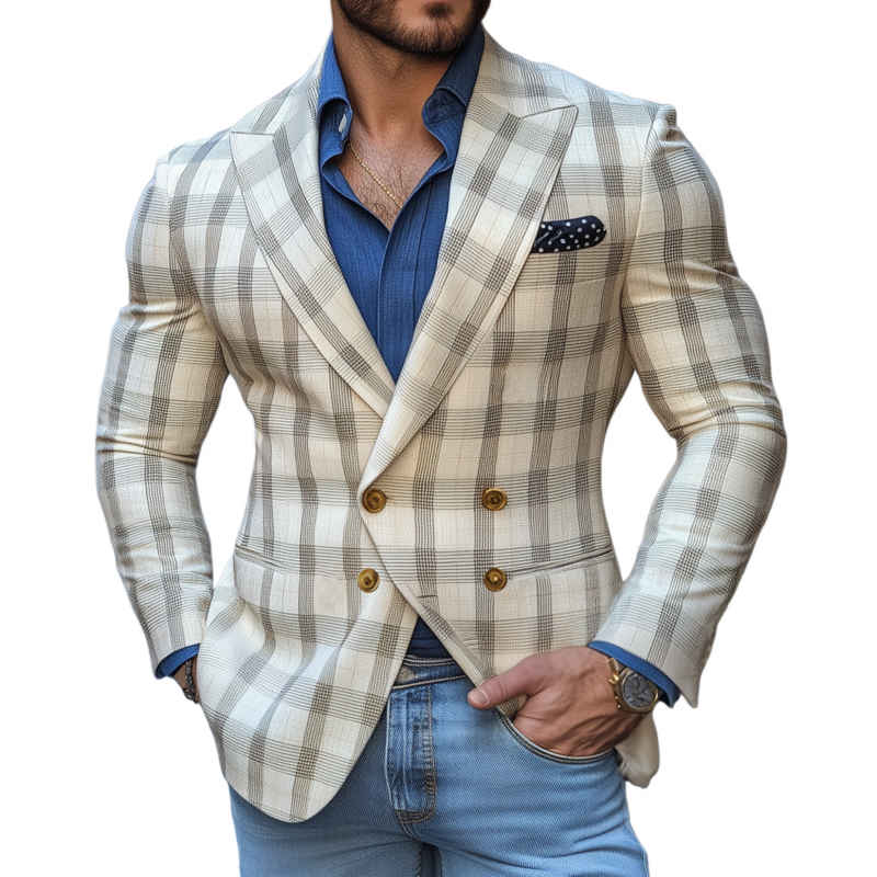 Wallace | Men'S Vintage Elegant Plaid Peaked Lapel Double Breasted Slim Fit Blazer