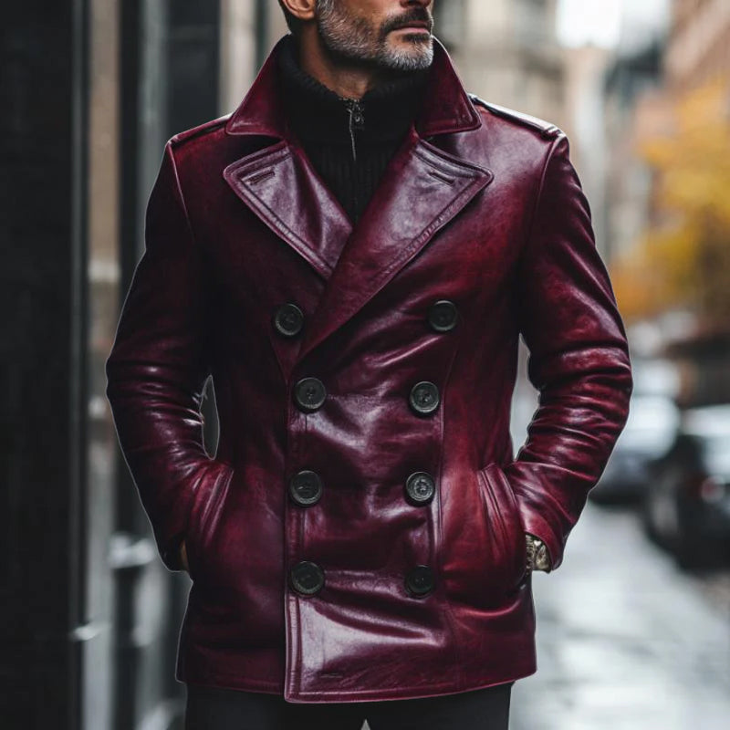 Men's Vine Notch Lapel Doble Breasted SliFit Leather Coat