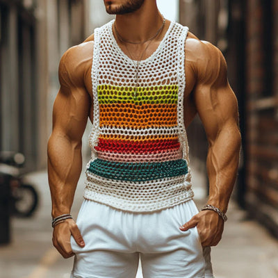 Men's Casal Rond Neck Color Striped Crochet Tank p